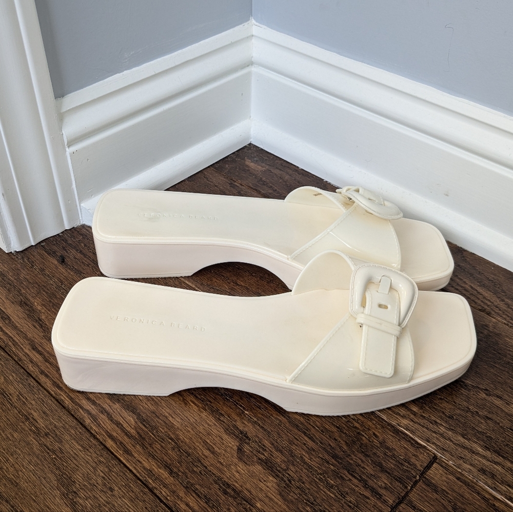 Veronica Beard Cream Platform Buckle Slide Sandals